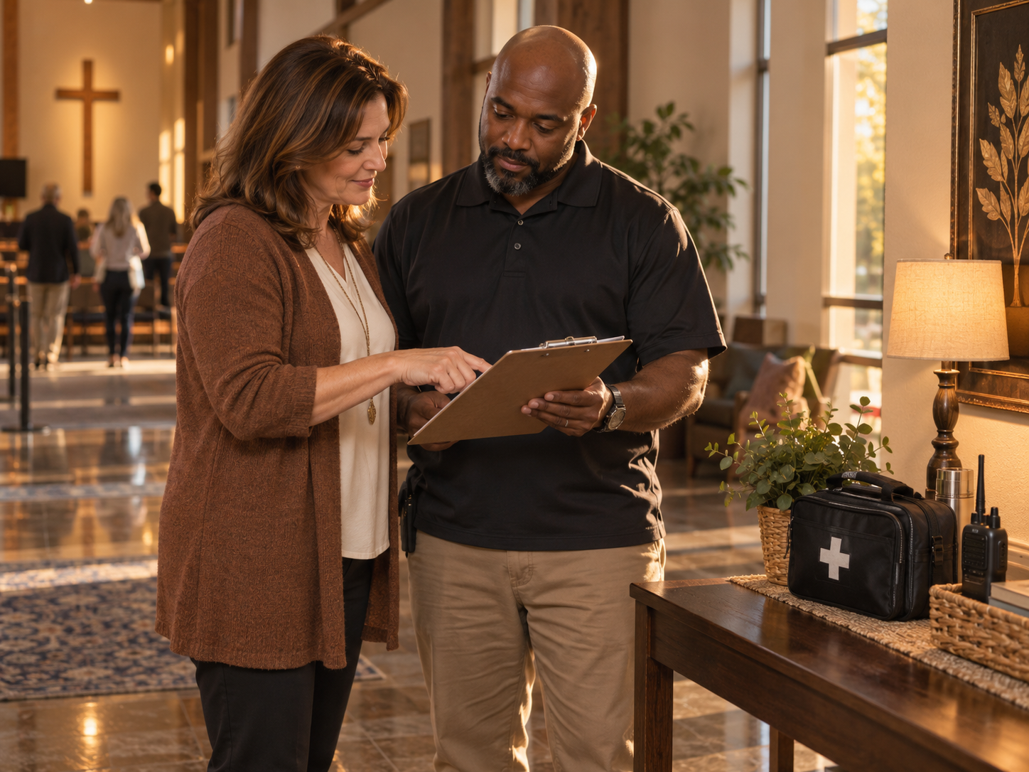 Church leaders reviewing a safety readiness checklist