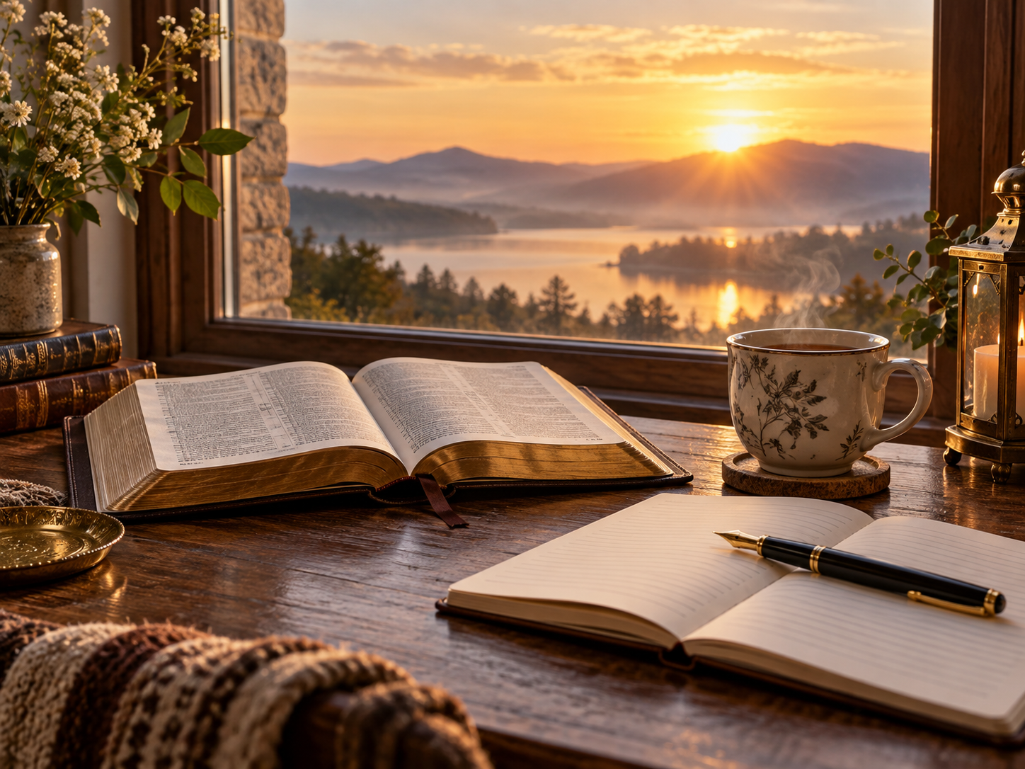 Open Bible and journal at sunrise