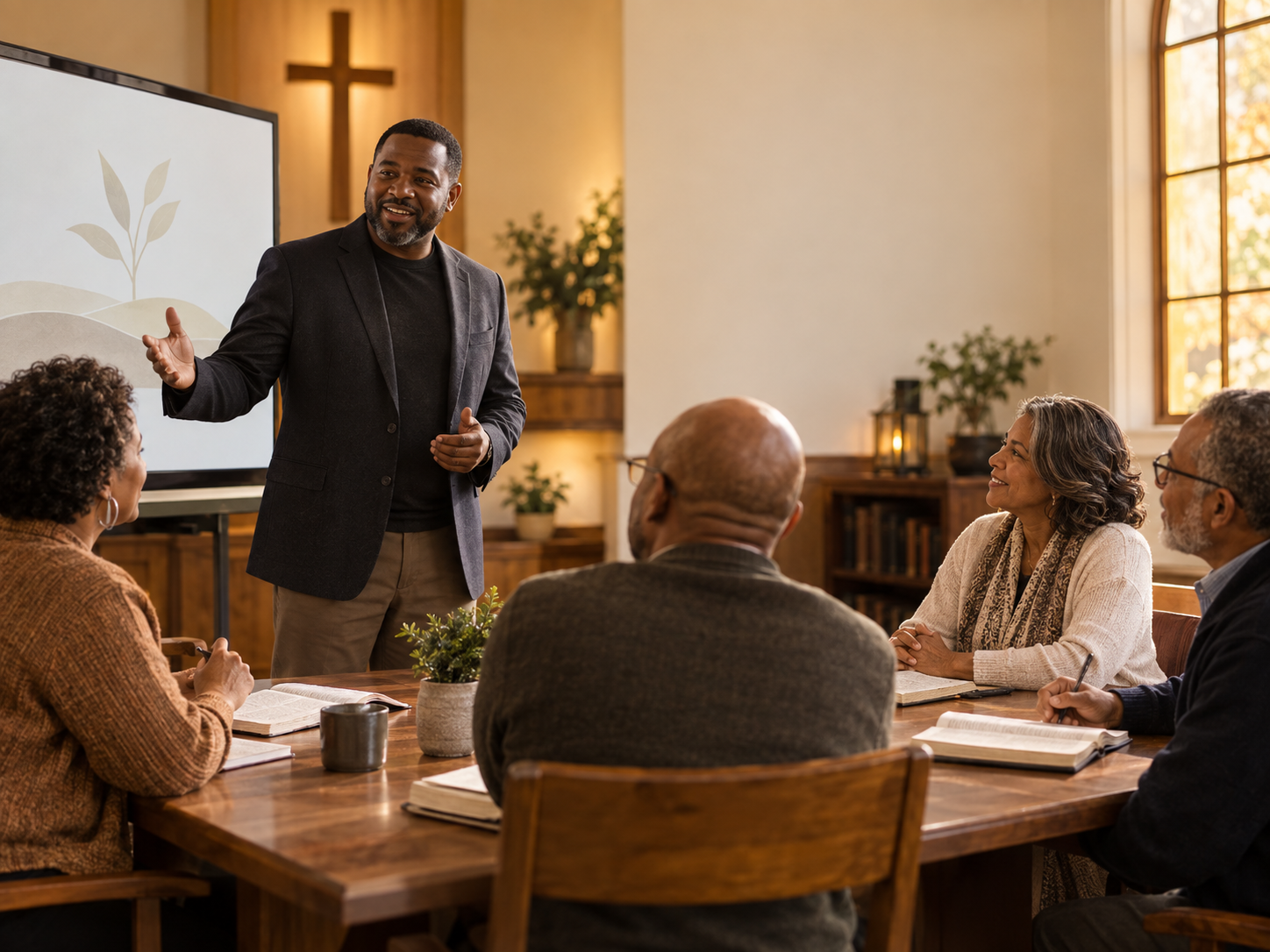 Church leader teaching a small leadership workshop